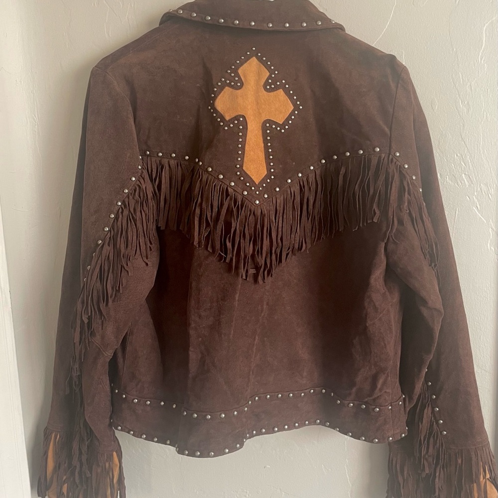 Y2k vintage brown leather suede cowboy jacket with cross